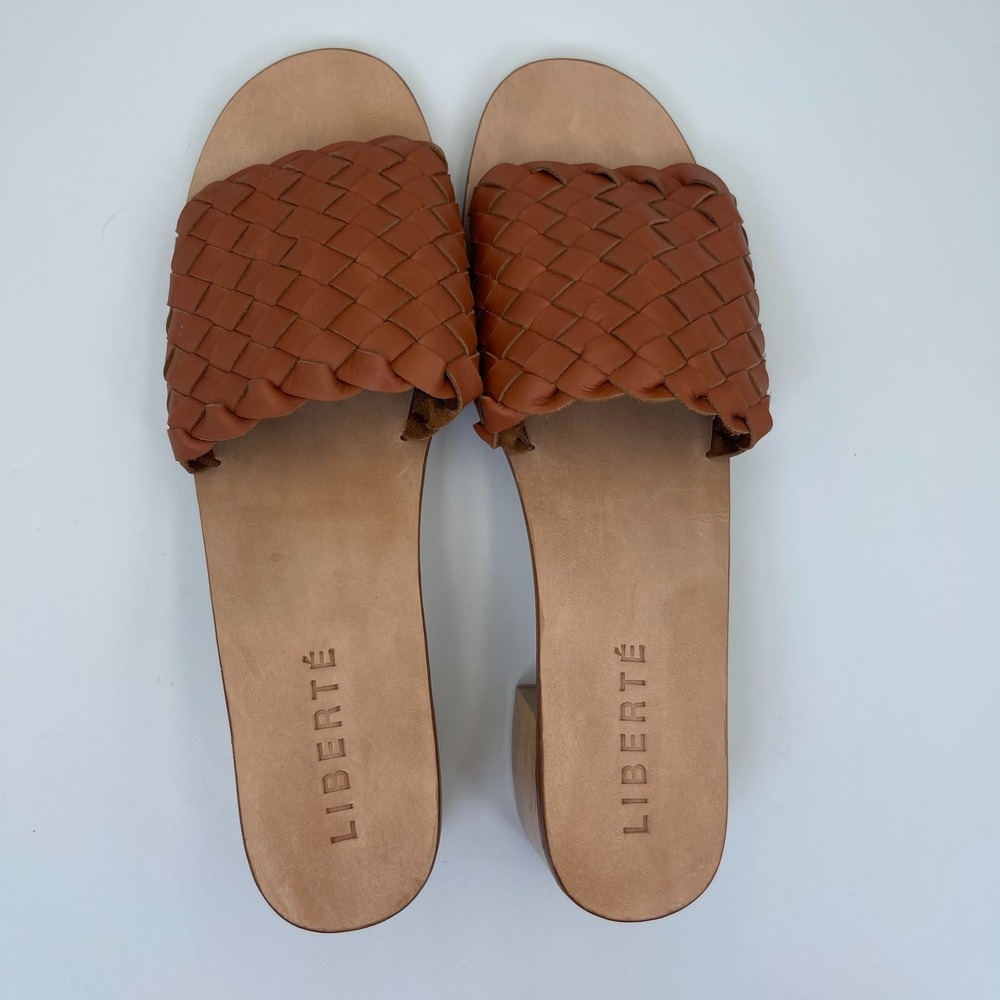 Liberté Santorini Mule Women US 12 Cognac Leather Woven Block Heel Slip On Shoes - Picture 7 of 10